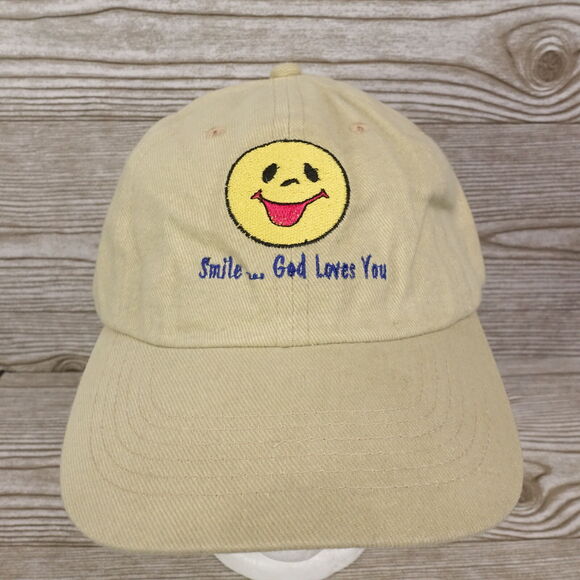 SMILE...GOD LOVES YOU BEIGE KHAKI ADJUSTABLE BASEBALL HAT CAP - Picture 1 of 8